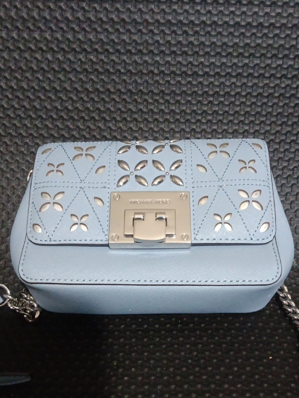 Michael Kors Pale Blue Laser-Cut Leather Crossbody with Silver Hardware